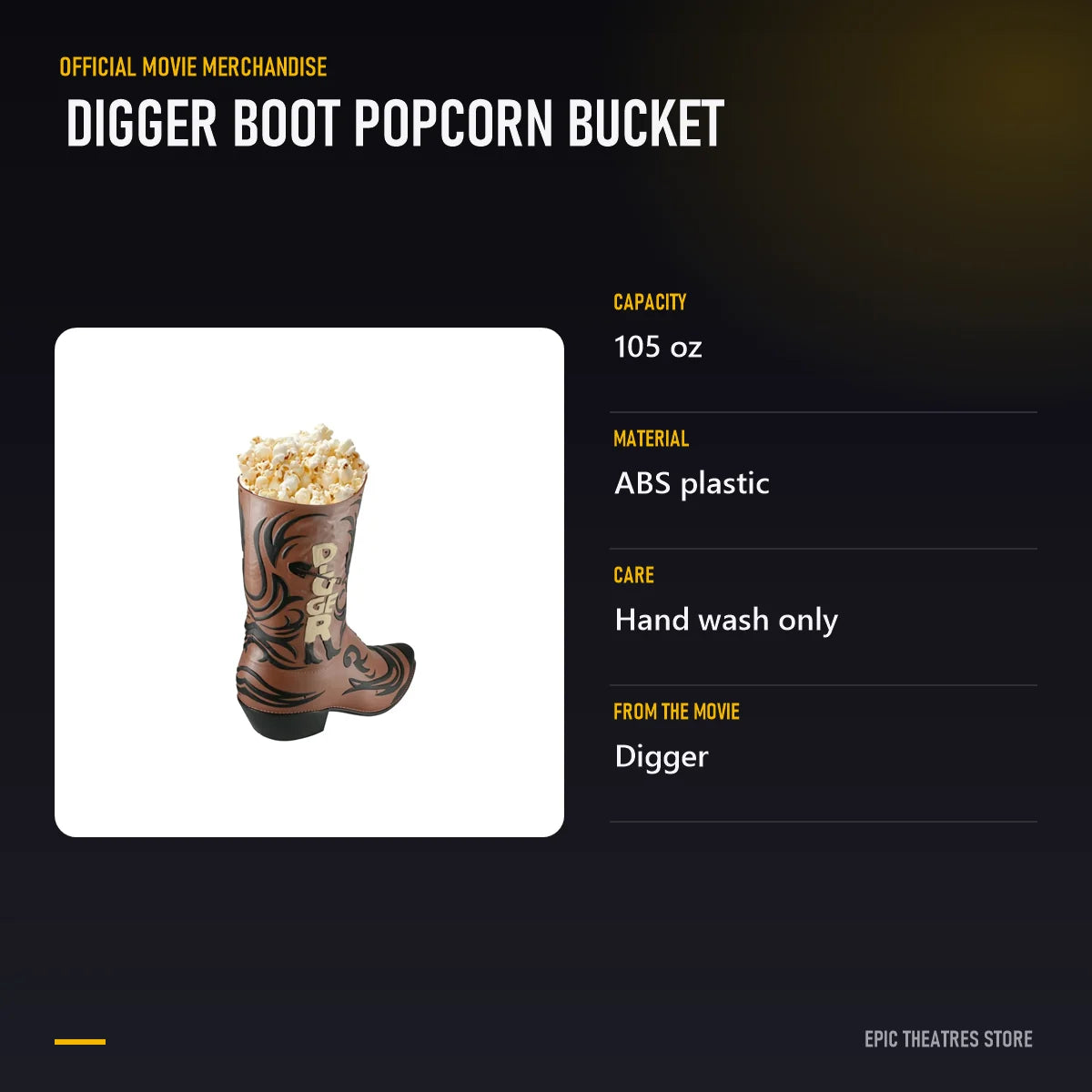 Digger Boot Popcorn Bucket specifications and features
