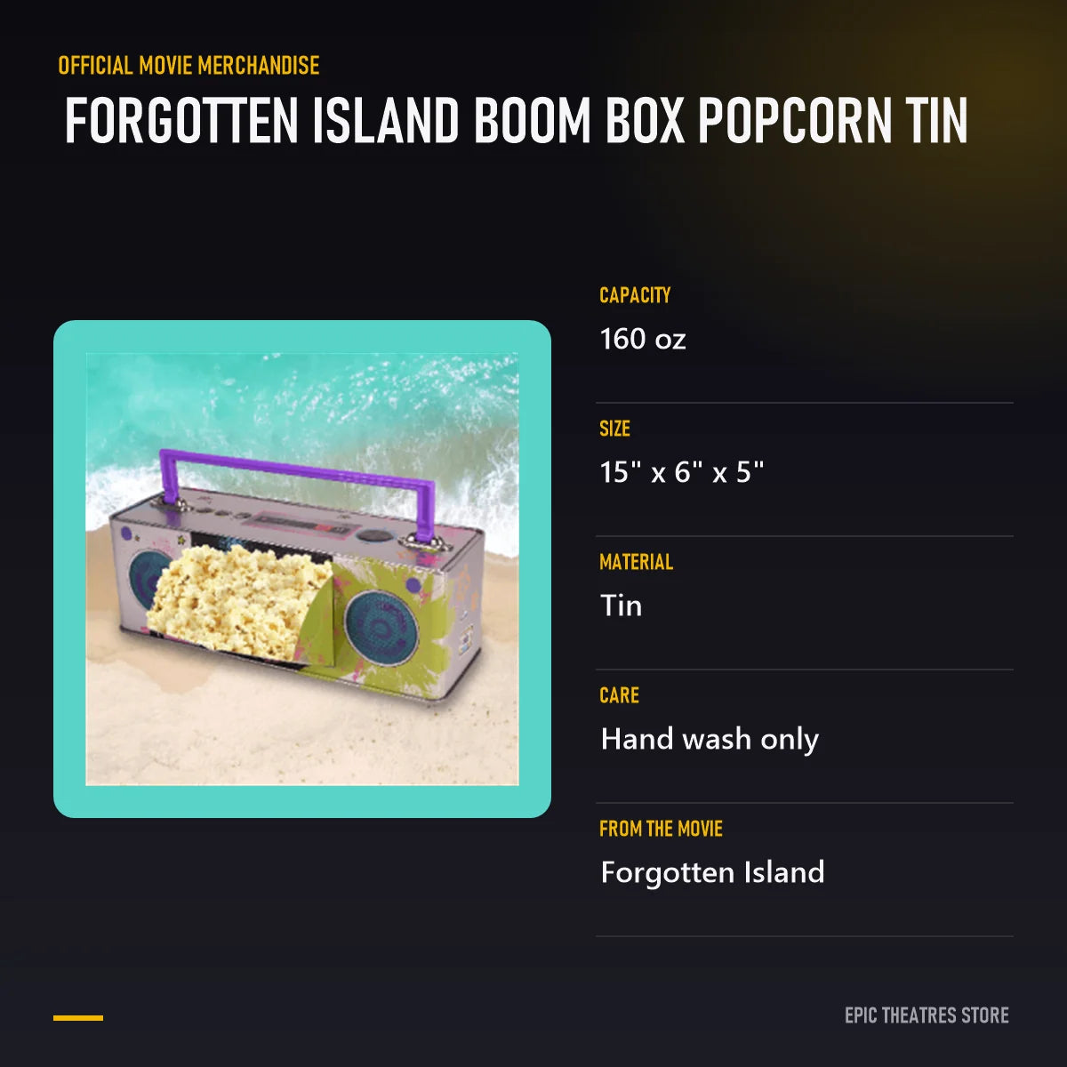 Forgotten Island Boom Box Popcorn Tin specifications and features