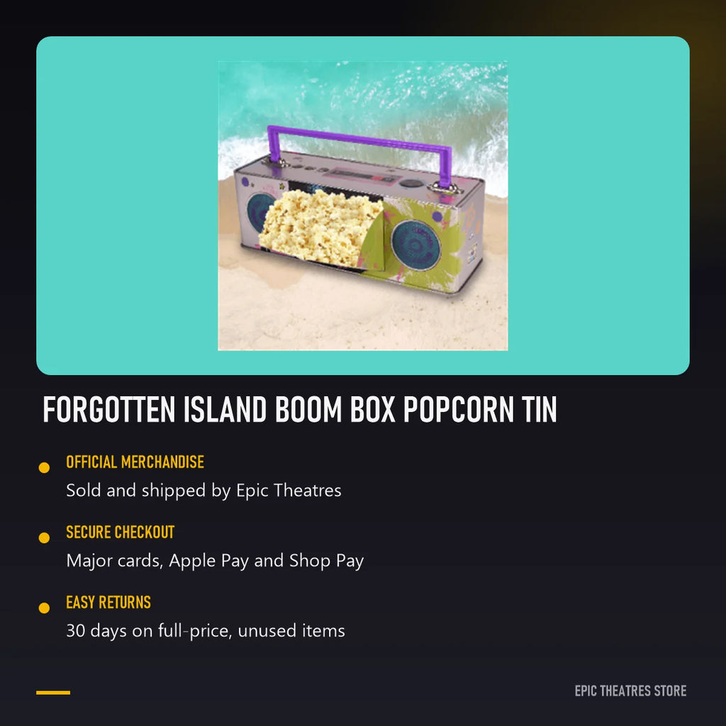 Forgotten Island Boom Box Popcorn Tin, official Epic Theatres merchandise with secure checkout