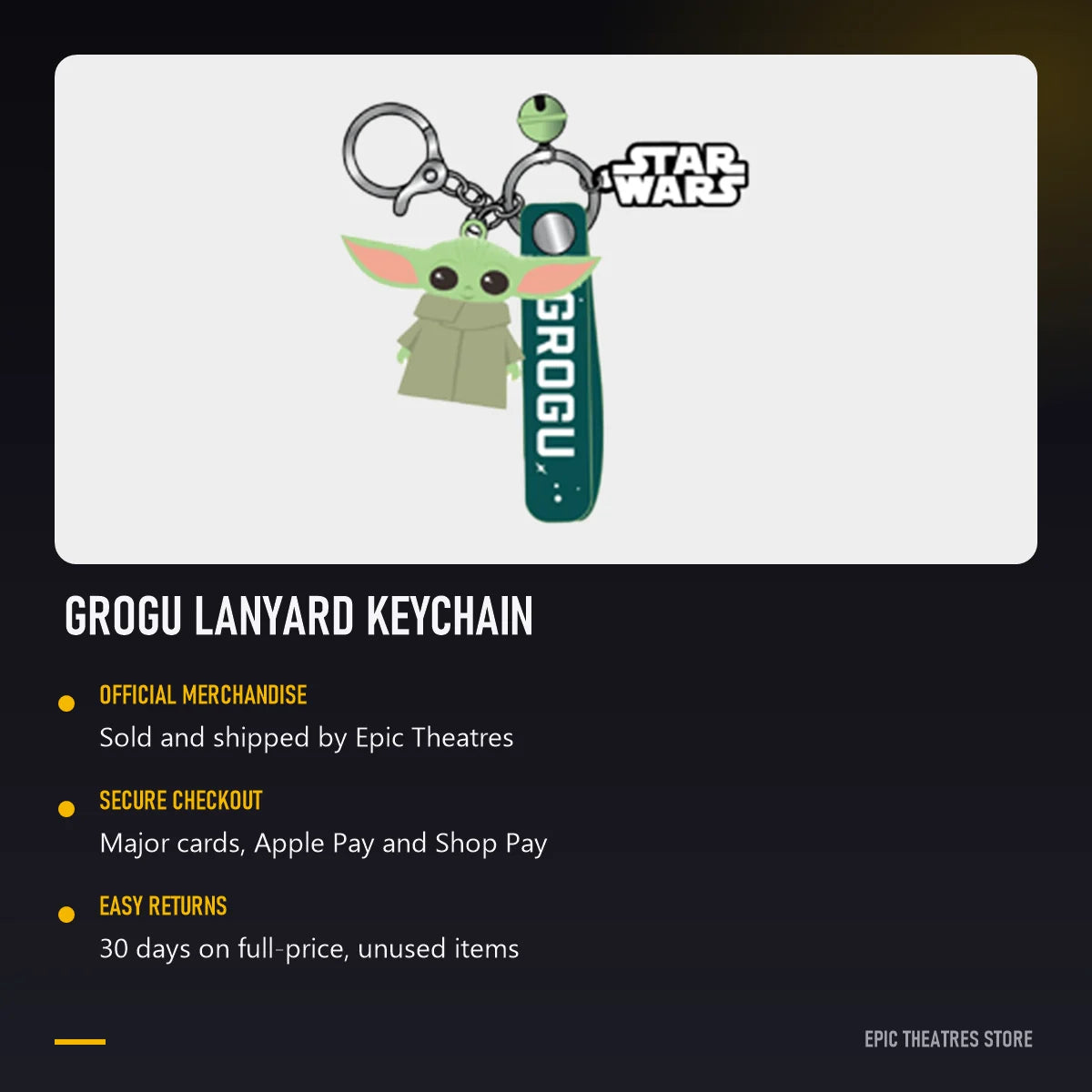 Grogu Lanyard Keychain, official Epic Theatres merchandise with secure checkout