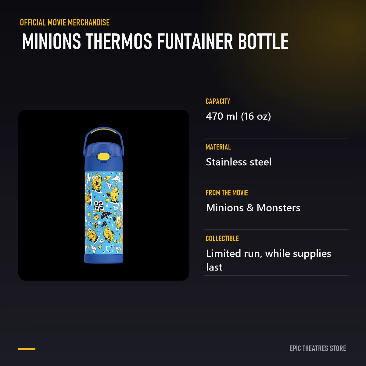 Minions Thermos FUNtainer Bottle specifications and features
